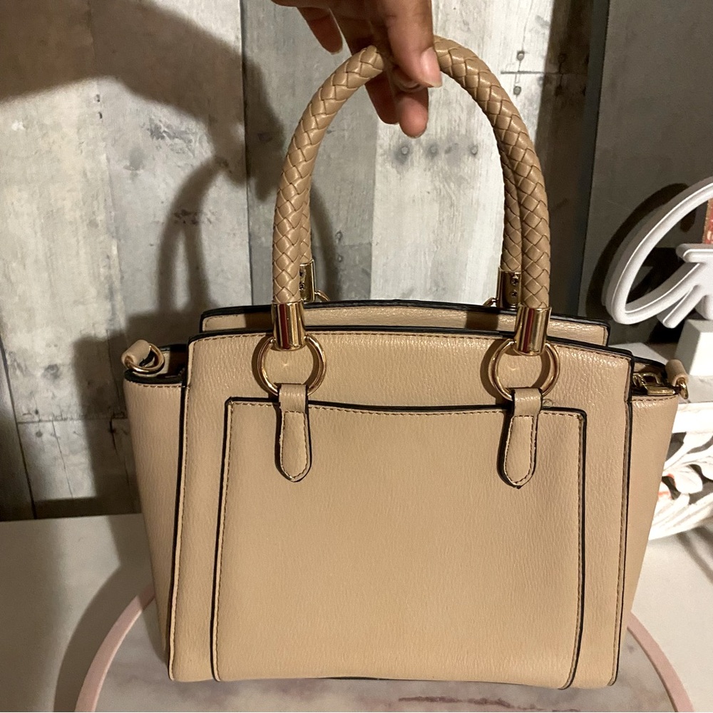 Tan Fashion tote with printed interior